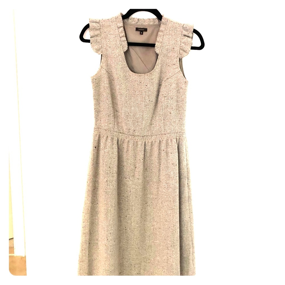 Tocca tweed ruffle sleeve tan dress